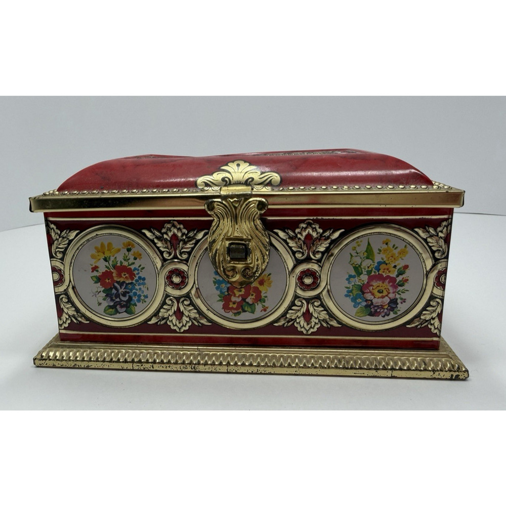 Vintage Linette Tin Treasure Chest Coin Bank Slot on Lid Red Gold Floral